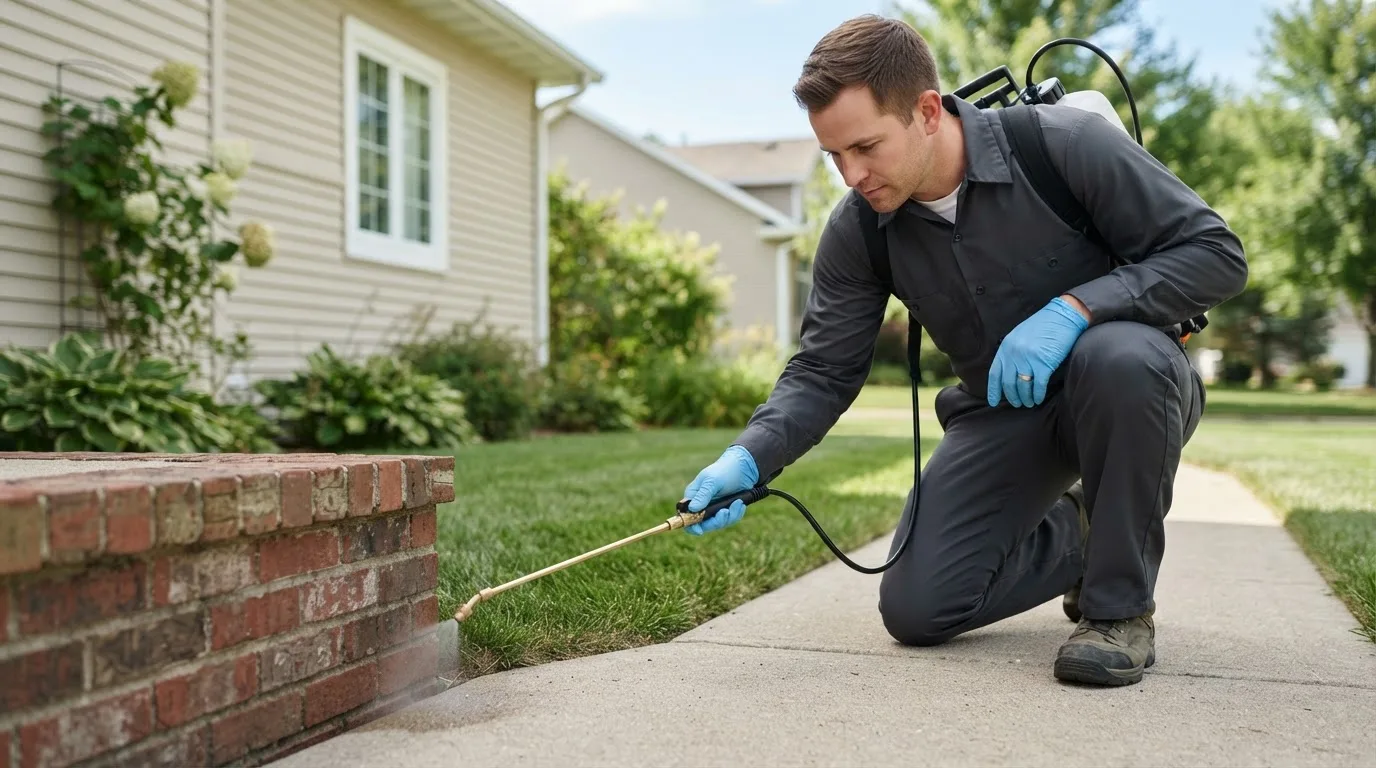 Pest control technician treating a home near Freeville, NY