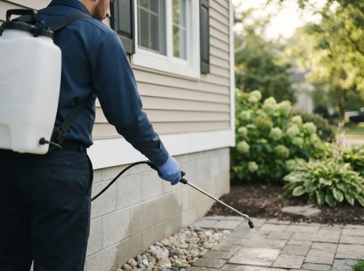 Pest control technician inspecting a home in Freeville, NY